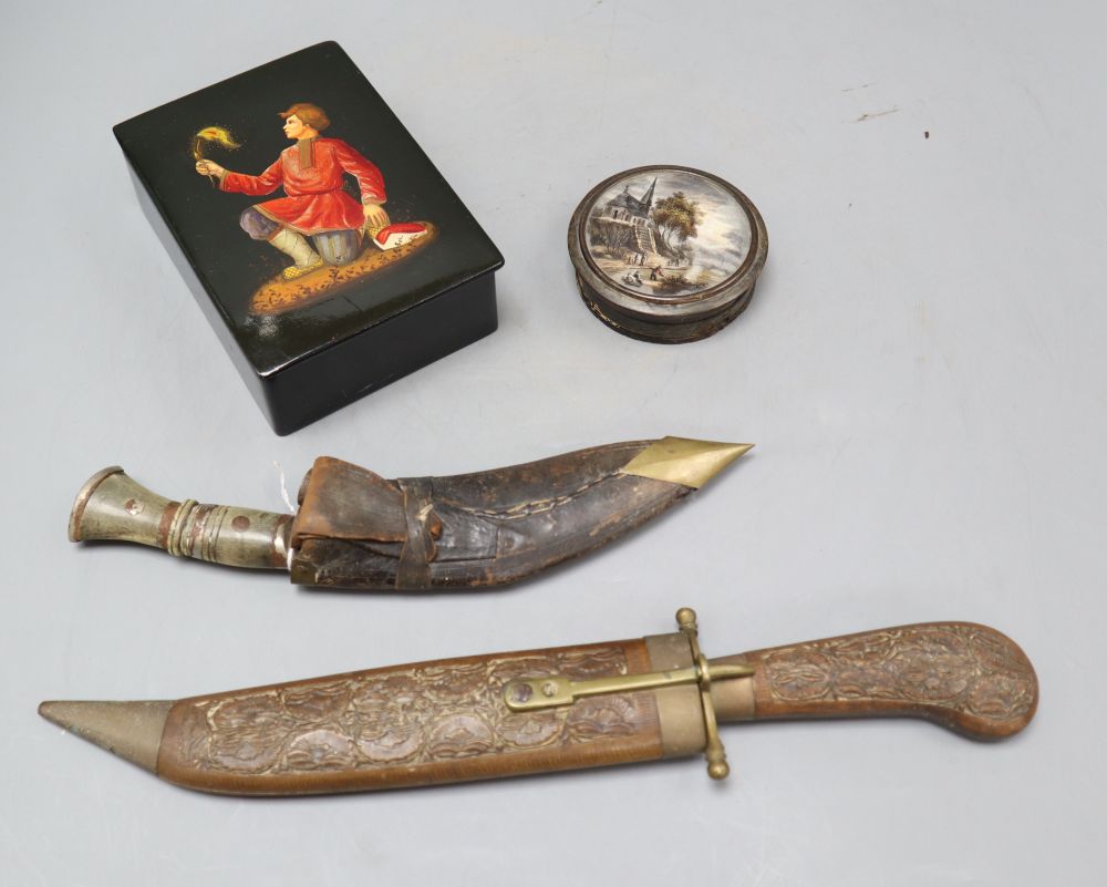A Russian lacquer box, 15 x 11cm, two daggers and a tortoiseshell box